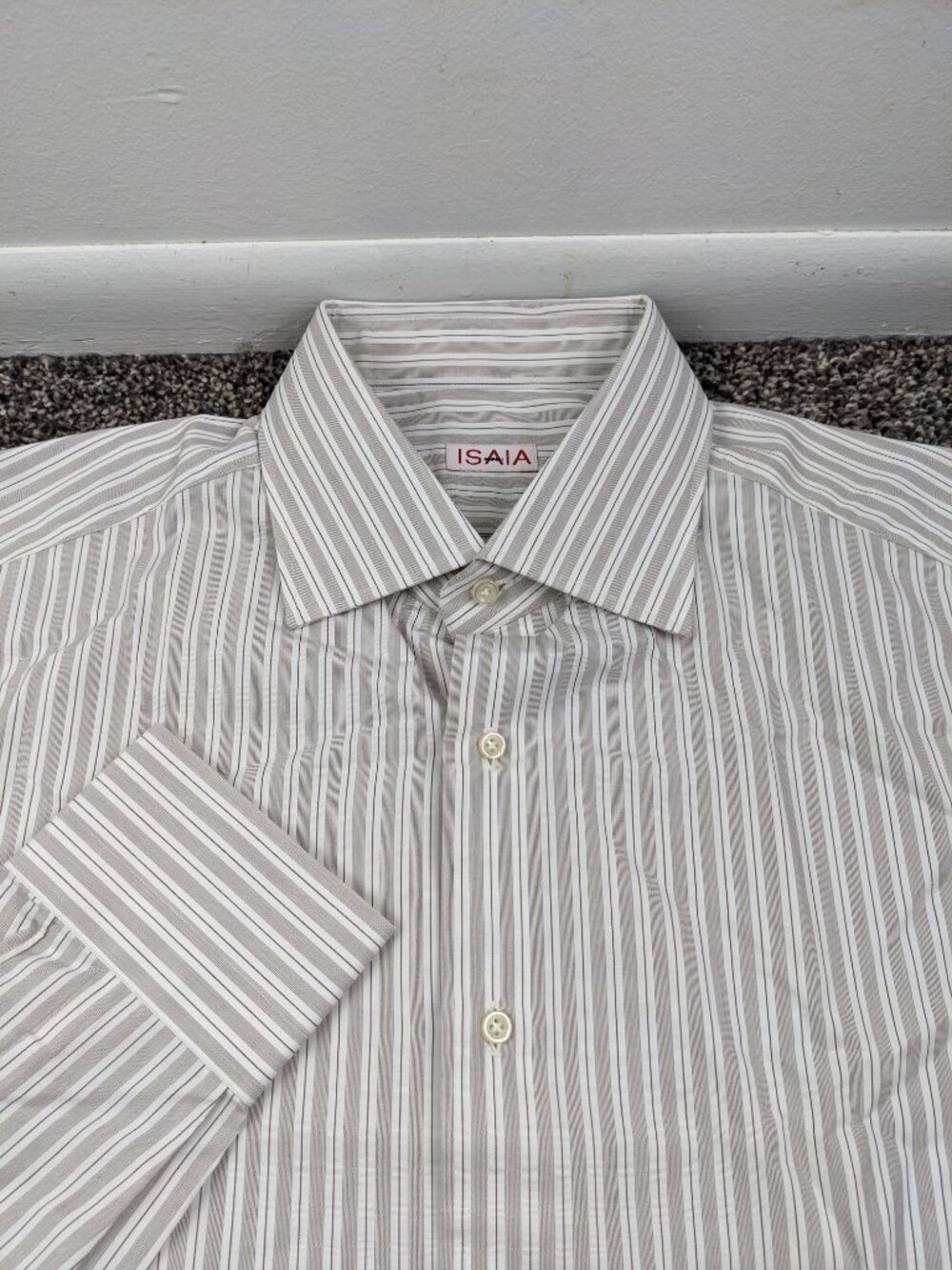 Isaia Napoli Dress Shirt Brown Striped Size 17.5 | 44
